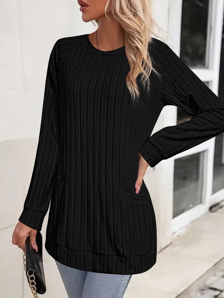 Damen Gerippter Longpullover-Tunika mit Rundhals, Seitentaschen und legerer Passform Drune