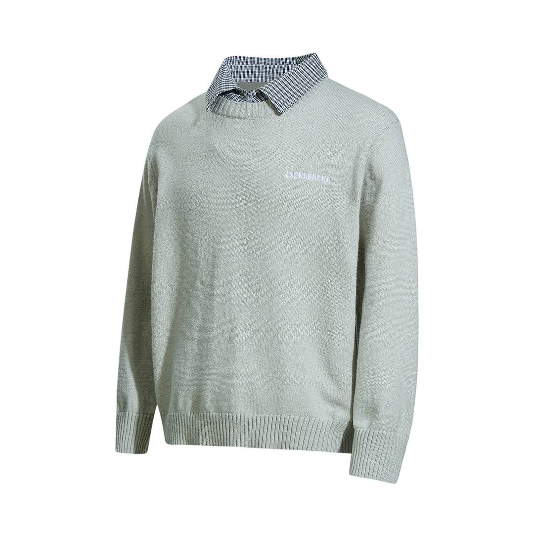 Herren Rundhalspullover mit eingesticktem Logo und Layer‑Hemdkragen Drune