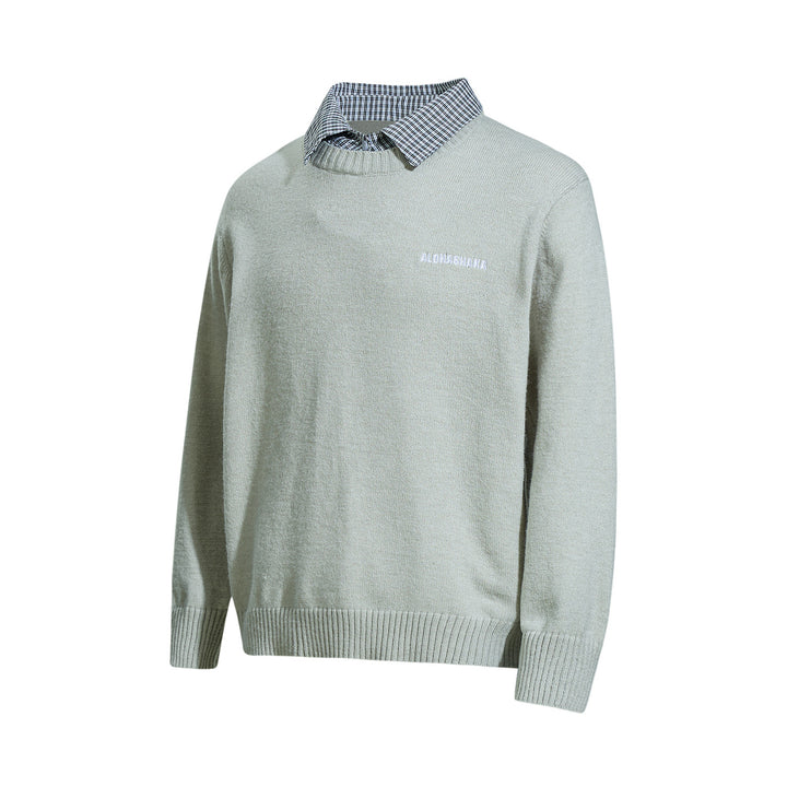Herren Rundhalspullover mit eingesticktem Logo und Layer‑Hemdkragen Drune