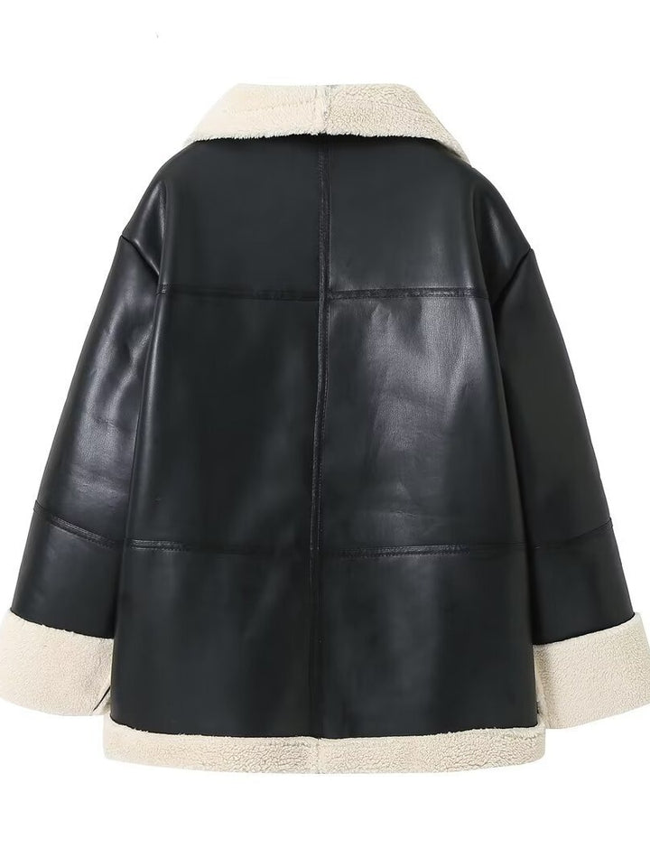 Damen Kunstlederjacke mit Teddyfutter Drune