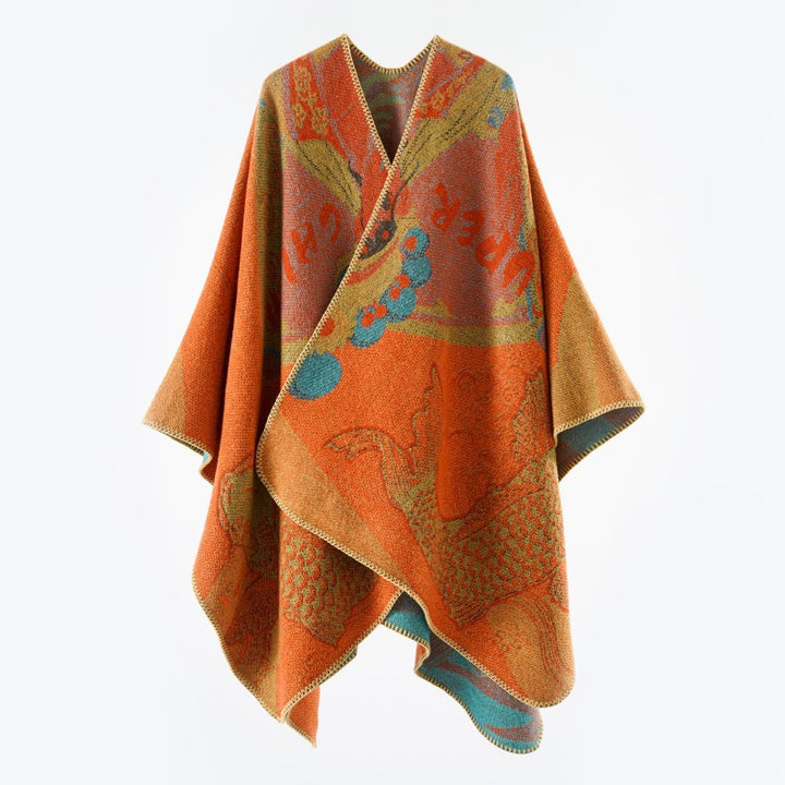 Damen Jacquard-Strick Cape mit Koi-Motiv und weitem Oversize-Fall Drune