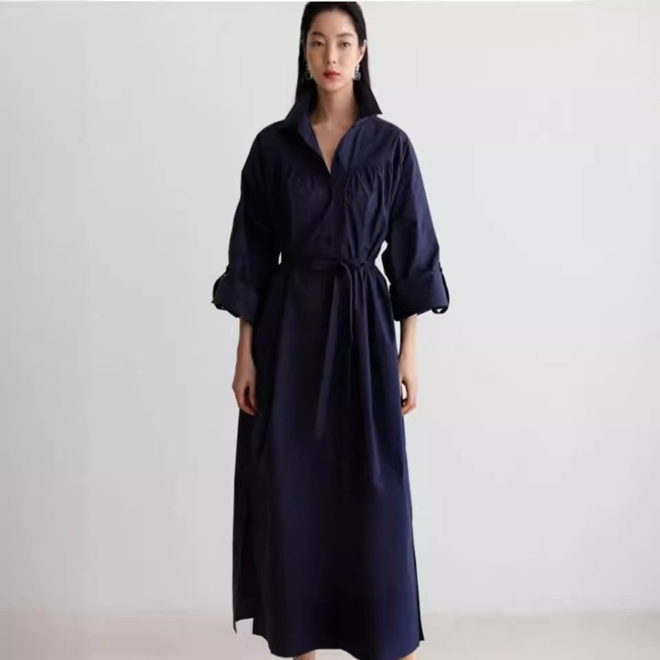 Damen Langärmliges Hemdblusen‑Maxikleid mit strukturierter Schulterpasse und Bindegürtel Drune