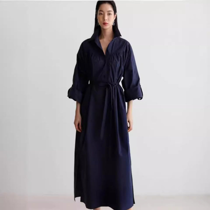 Damen Langärmliges Hemdblusen‑Maxikleid mit strukturierter Schulterpasse und Bindegürtel Drune