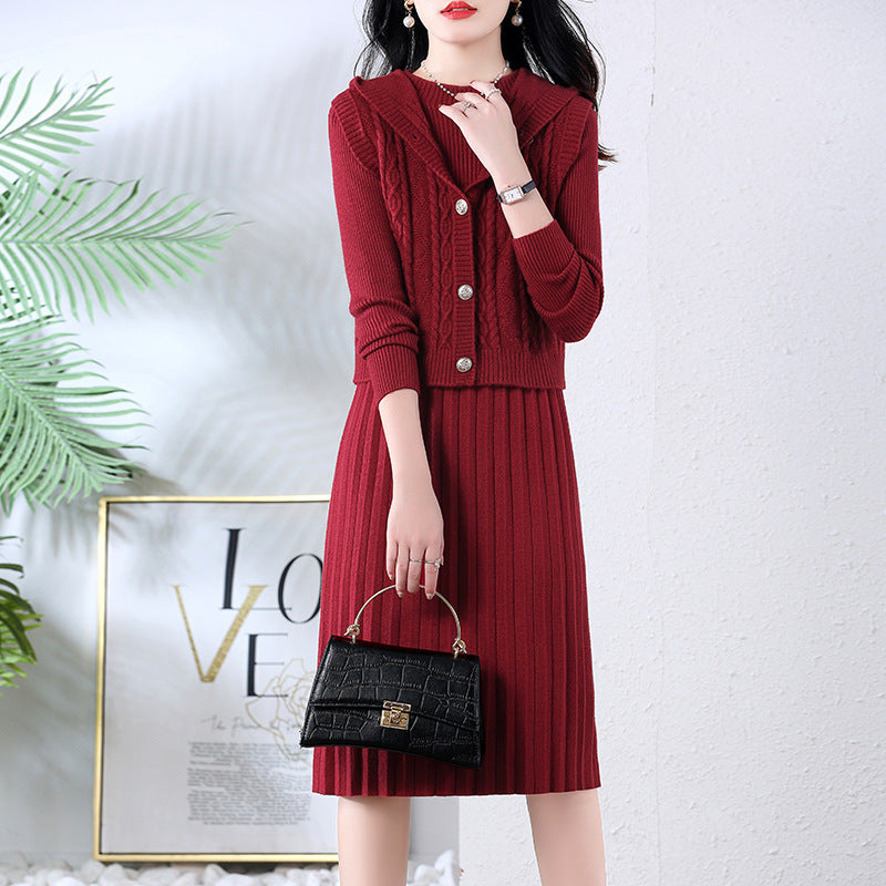 Damen elegantes Strickkleid mit großem Kragen und Knopfdetails Drune