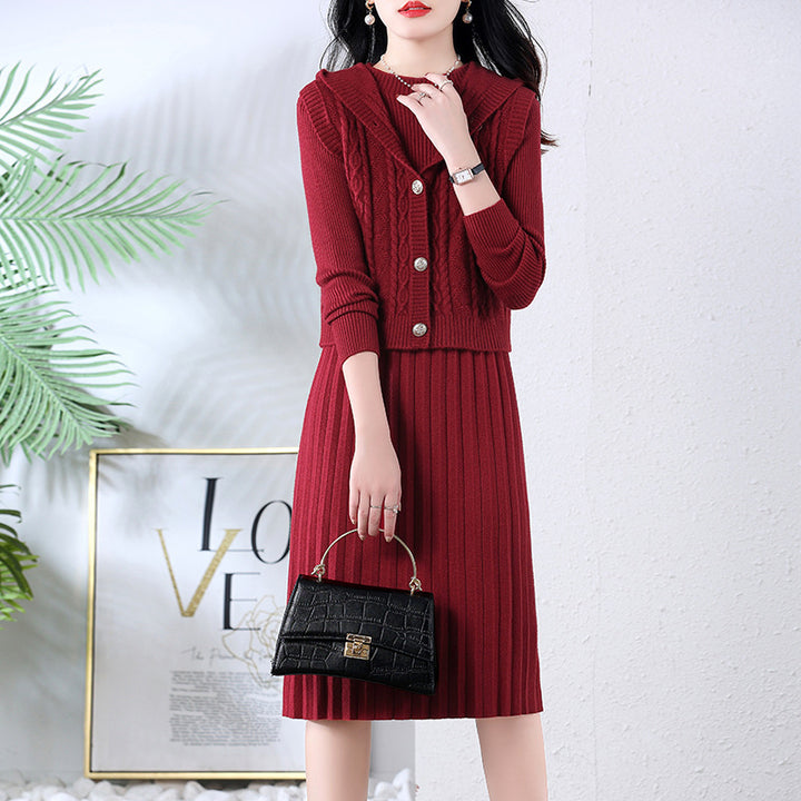 Damen elegantes Strickkleid mit großem Kragen und Knopfdetails Drune