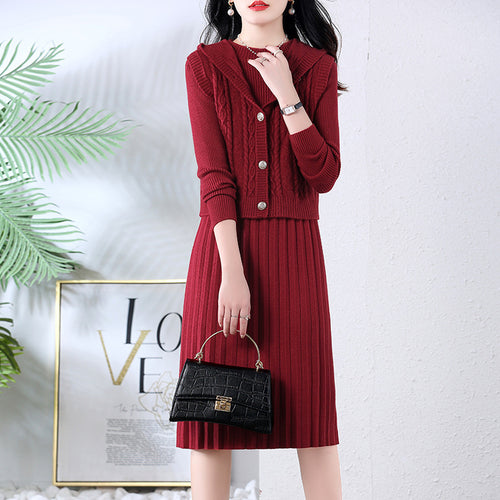 Damen elegantes Strickkleid mit großem Kragen und Knopfdetails Drune