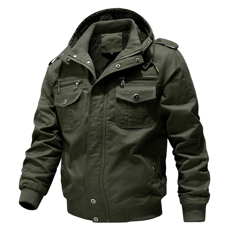 Herren Wasserabweisender Canvas-Bomber mit wärmender Sherpa-Innenlage, Kapuze und Utility-Taschen Drune