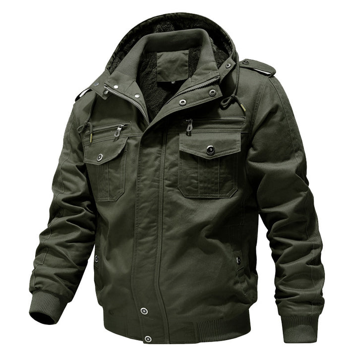 Herren Wasserabweisender Canvas-Bomber mit wärmender Sherpa-Innenlage, Kapuze und Utility-Taschen Drune