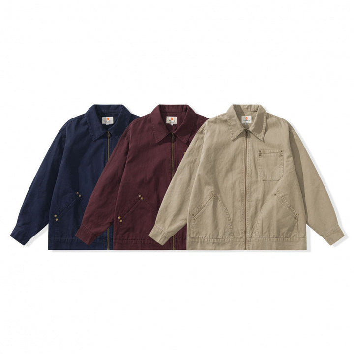 Unisex Kastenförmige Canvas-Worker-Jacke mit Frontreißverschluss und Nietapplikationen Drune