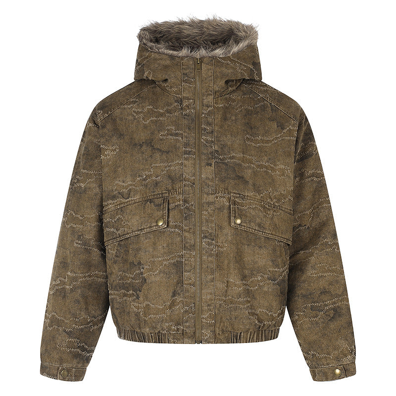 Damen Wattierte Kapuzen‑Bomberjacke mit Kunstfellbesatz, Camouflage‑Effekt und elastischem Saum Drune