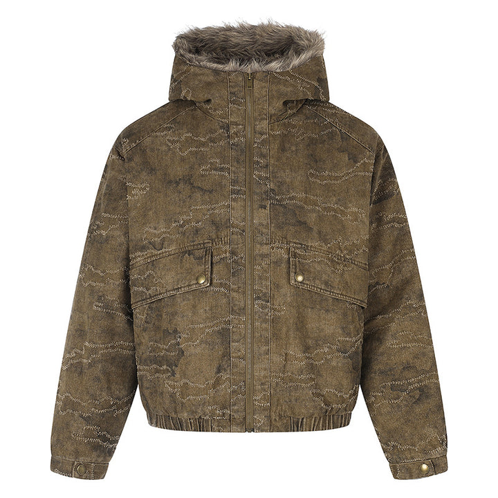 Damen Wattierte Kapuzen‑Bomberjacke mit Kunstfellbesatz, Camouflage‑Effekt und elastischem Saum Drune