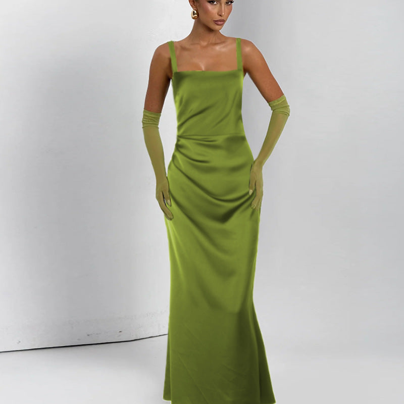Damen Elegantes Satin-Maxikleid mit schmalen Trägern Drune