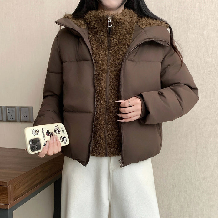 Damen nan kurze wattierte Doppeljacke mit abnehmbarem Teddy-Innenfutter und hohem Stehkragen Drune