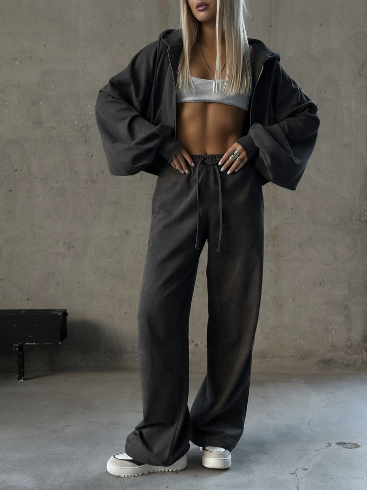Damen kurzes Kapuzenzipper-Lounge-Set mit oversized Ärmeln und weitem Jogginghose-Schnitt Drune