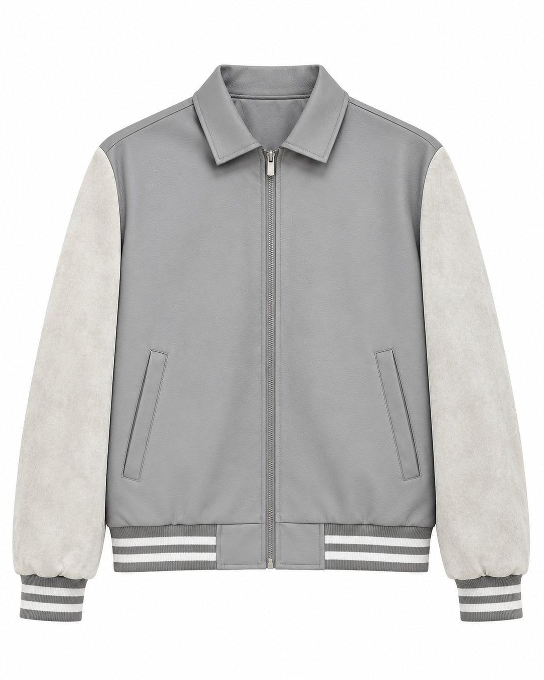 Herren Retro Letterman‑Bomber mit glattem Kunstlederkörper und Veloursärmmel-Detail Drune