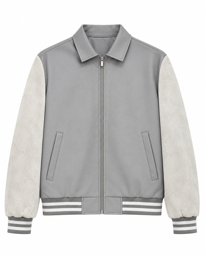 Herren Retro Letterman‑Bomber mit glattem Kunstlederkörper und Veloursärmmel-Detail Drune