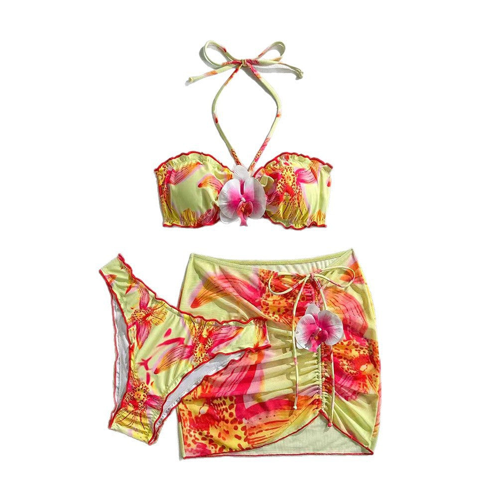 Damen Bandeau-Bikini mit floralem Design und Wickelrock Drune