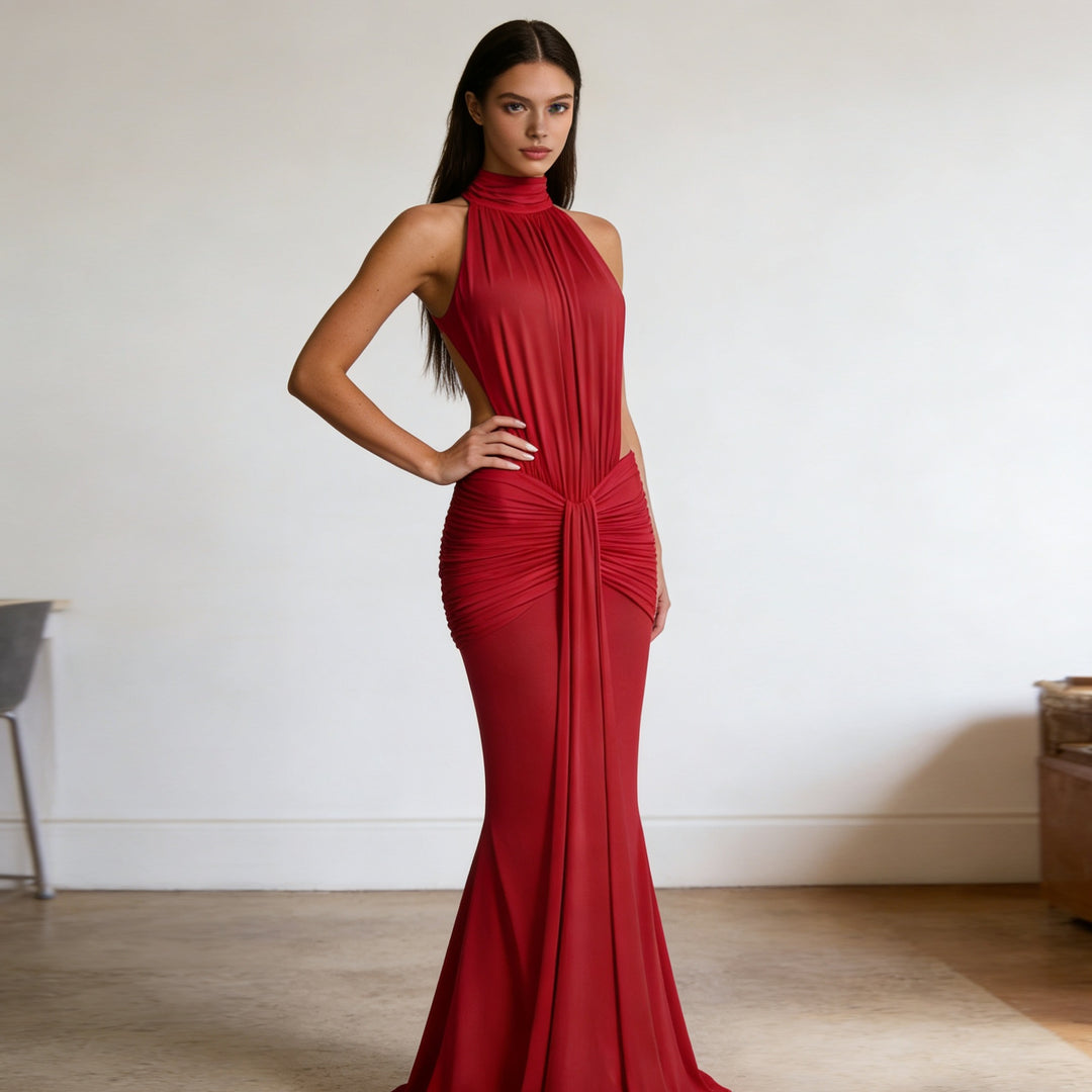 Damen Elegantes Drapiertes Abendkleid mit tiefem Rückenausschnitt und figurbetontem Schnitt Drune
