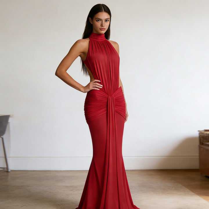 Damen Elegantes Drapiertes Abendkleid mit tiefem Rückenausschnitt und figurbetontem Schnitt Drune