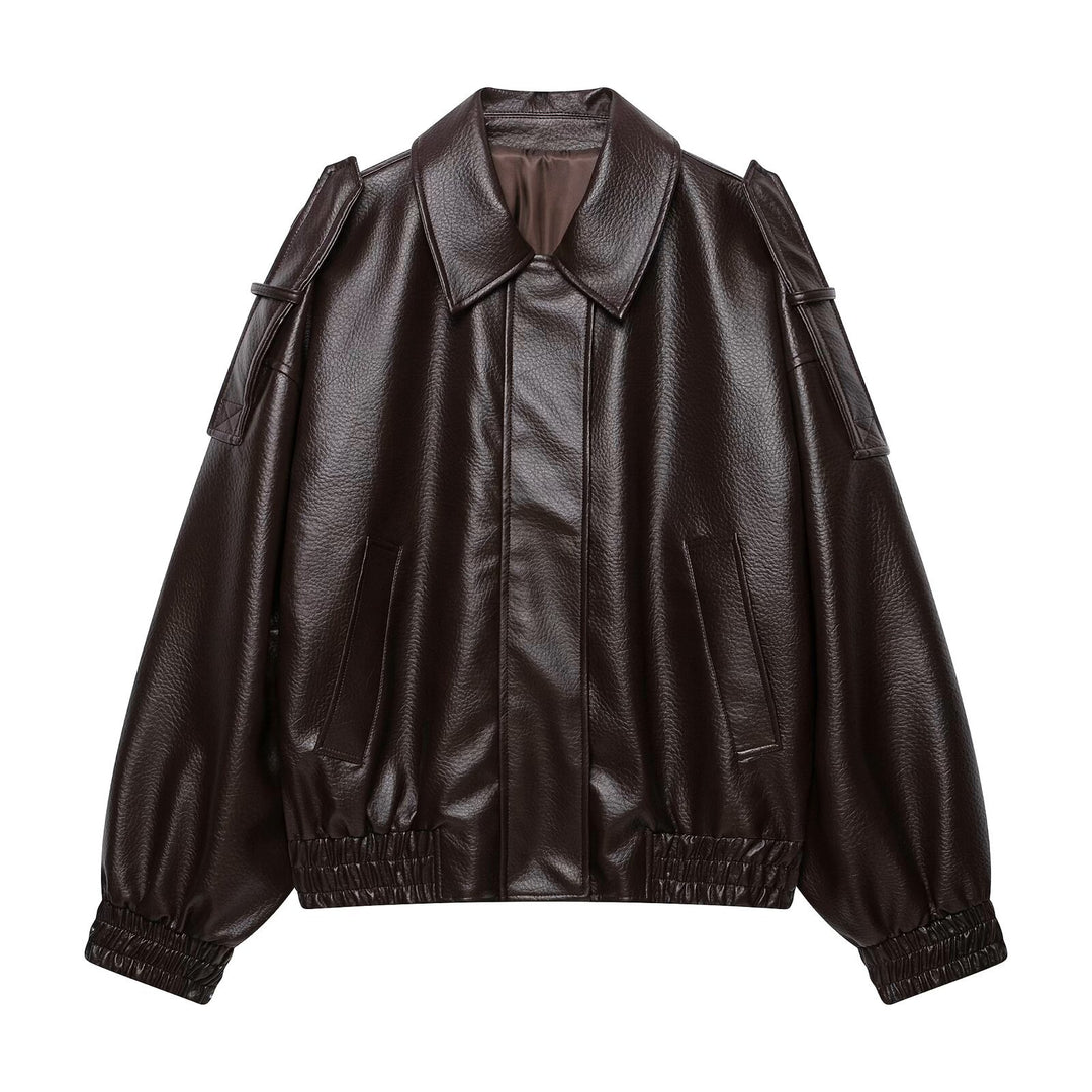Damen Oversized Kunstleder-Bomberjacke mit Epauletten, elastischem Saum und Eingrifftaschen Drune
