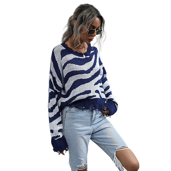 Damen Modischer Cropped Pullover mit Zebramuster Drune