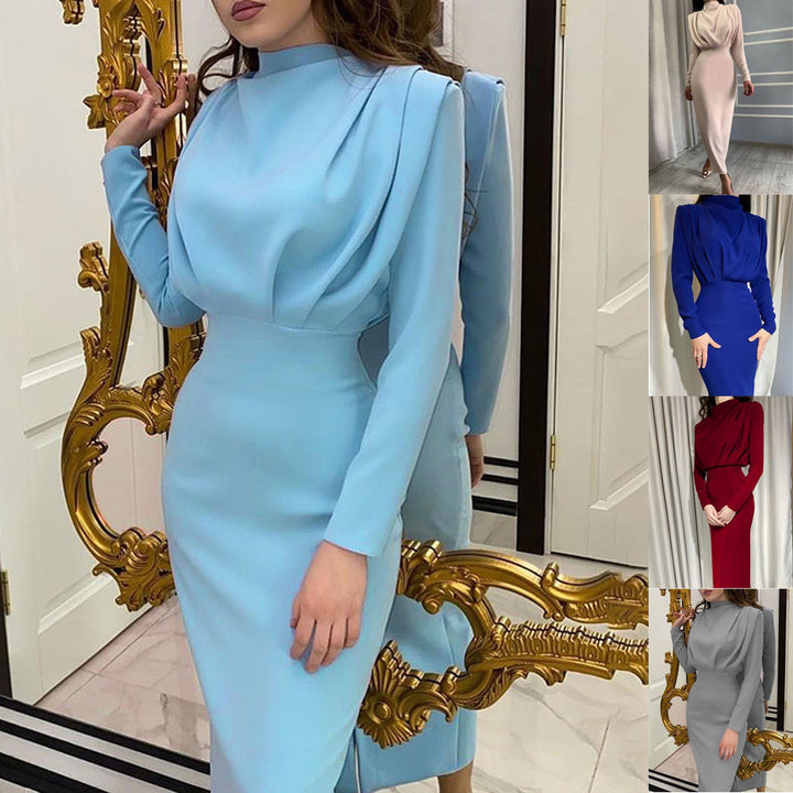 Damen nan elegantes Midikleid mit Drapierter Wasserfall-Front, taillierter Bleistift-Silhouette und langen Ärmeln Drune
