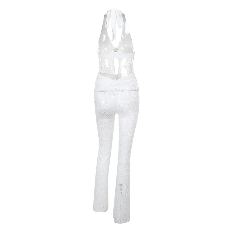 Damen Jumpsuit mit elegantem Spitzendetail und tiefem V-Ausschnitt Drune
