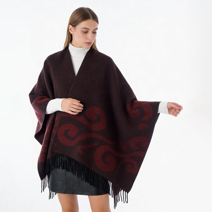 Damen Wollmix-Poncho mit Jacquard‑Wirbelmuster, V-Ausschnitt und Fransen Drune