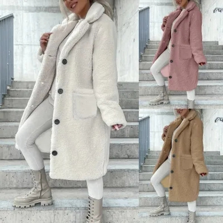 Damen Kuscheliger Fleece-Mantel mit Taschen und Knopfverschluss Drune