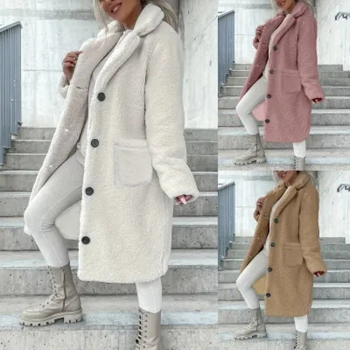 Damen Kuscheliger Fleece-Mantel mit Taschen und Knopfverschluss Drune