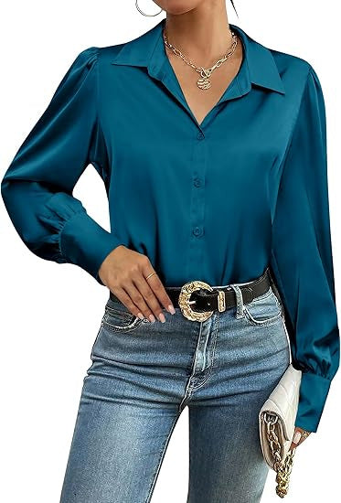Damen Seidenoptik-Bluse mit Hemdkragen, verdeckter Knopfleiste und langen Manschetten Drune