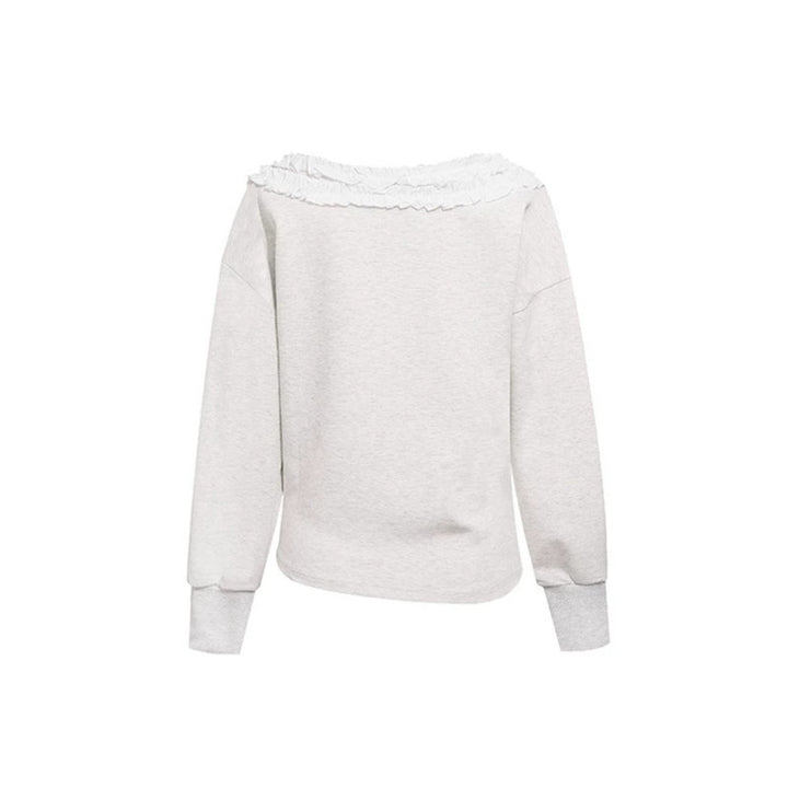 Damen Sweatshirt mit Carmen‑Ausschnitt, Spitzenrüsche und seitlicher Raffung Drune