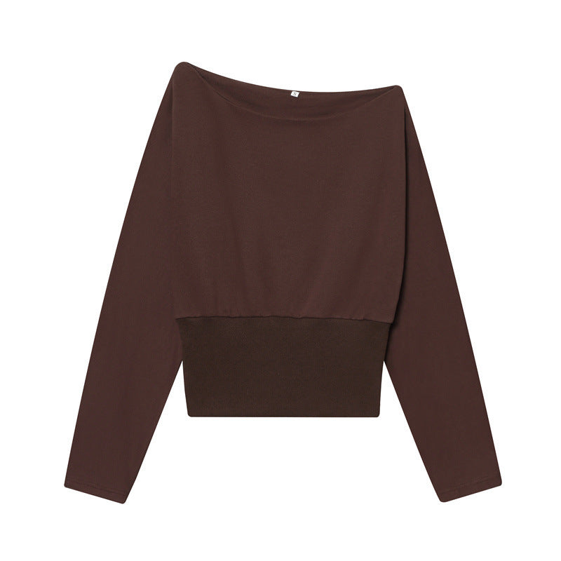 Damen Off-Shoulder Cropped Sweatshirt mit weitem Boot-Ausschnitt und Taillenbund Drune
