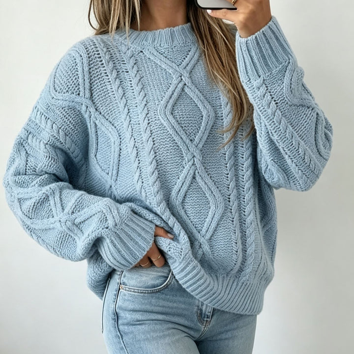 Damen Oversize Flechtstrick-Pullover mit Zopfmuster und Rundhals Drune