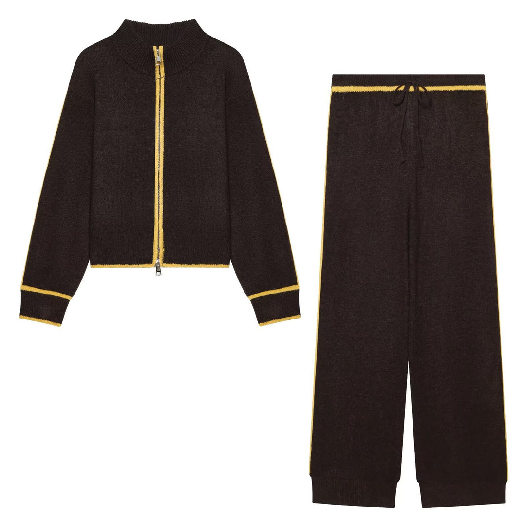 Damen Strick-Set mit Reißverschlussjacke, Stehkragen und weitem Relax-Hosenbein Drune