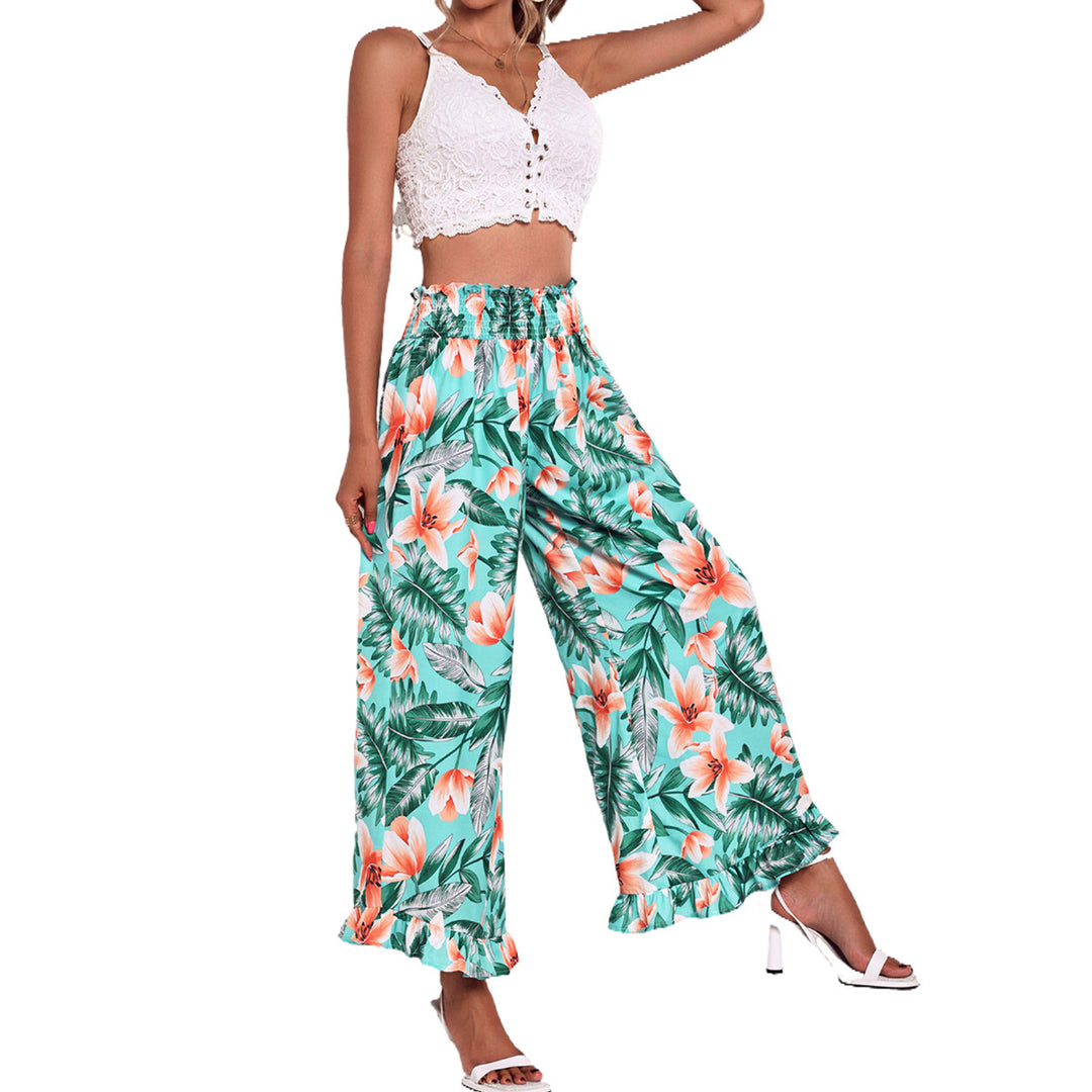 Damen weite Strandhose mit floralem Muster und elastischem Bund Drune