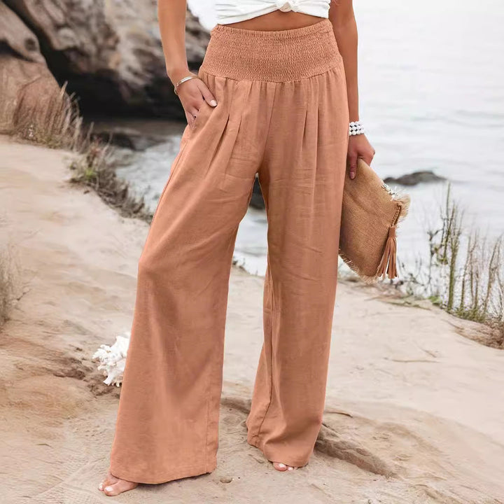 Damen Weite Leinenhose mit elastischem Bund und Falten Drune