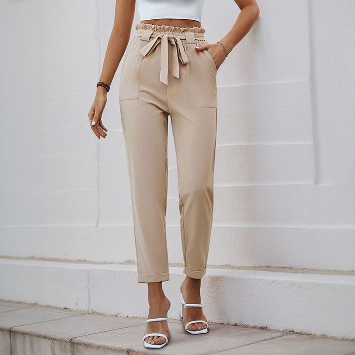 Damen Leichte Paperbag-Hose mit Gummibund, Bindegürtel und aufgesetzten Taschen Drune