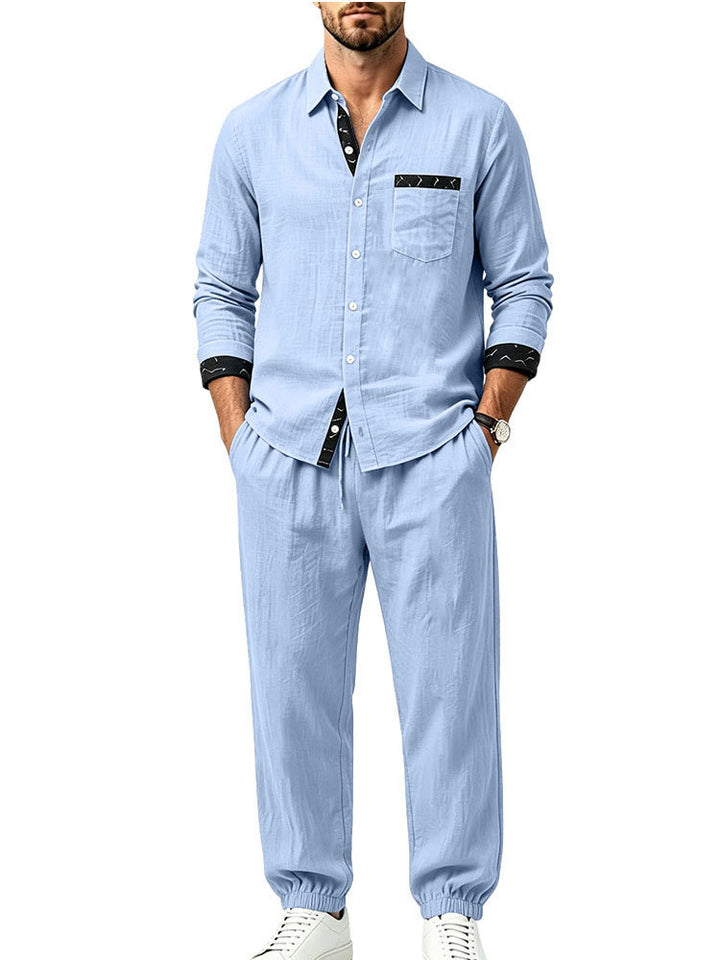 Herren Leichter Baumwoll-Loungewear-Zweiteiler mit Hemd und Kordel-Jogger Drune