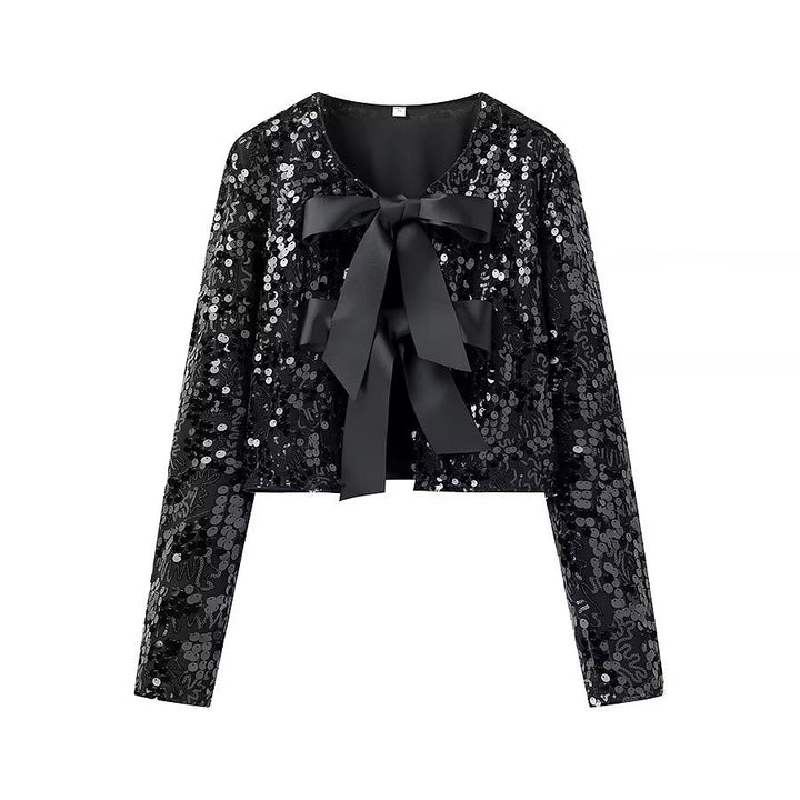 Damen nan glitzernde Cropped-Bolerojacke mit Paillettenbesatz und dekorativen Satinschleifen Drune