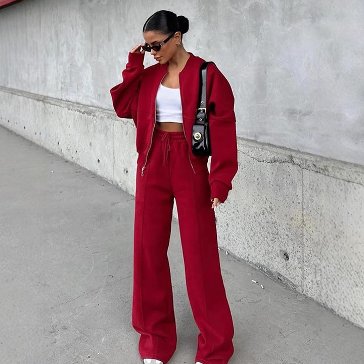 Damen sportive Oversize-Fleecejacke mit diagonaler Reißverschluss-Optik und weit geschnittener High-Waist-Jogginghose Drune