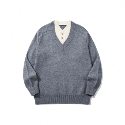 Herren V‑Ausschnitt-Pullover mit integriertem Henley-Kragen Drune