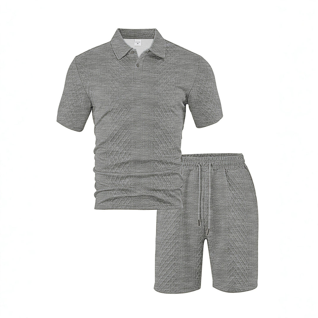 Herren nan eleganter Freizeit-Zweiteiler aus geprägtem Strick mit Polokragen Kurzarmshirt und Tunnelzug-Bermuda Drune