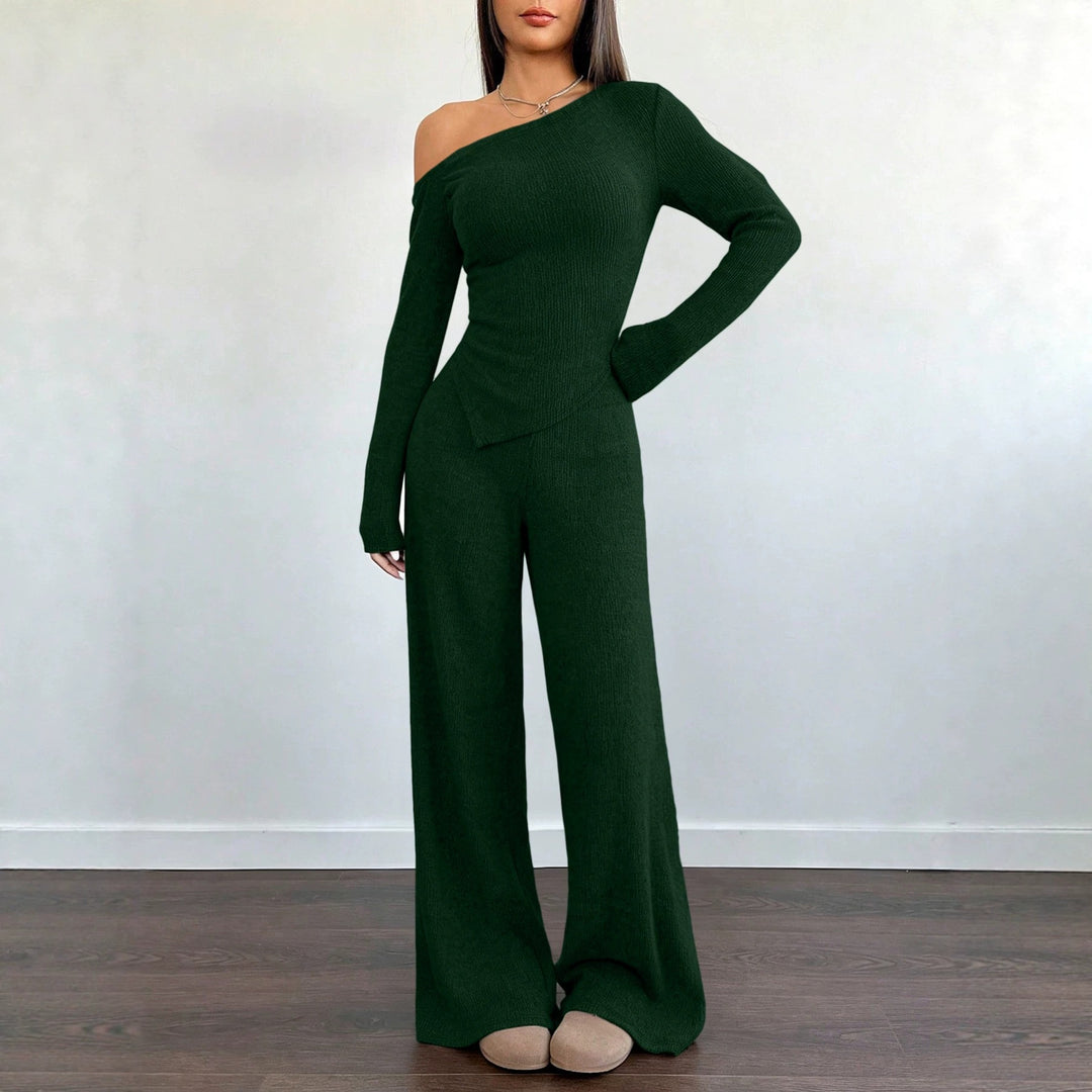 Damen Asymmetrisches Strick-Lounge-Set mit One-Shoulder-Oberteil und weitem Bein Drune
