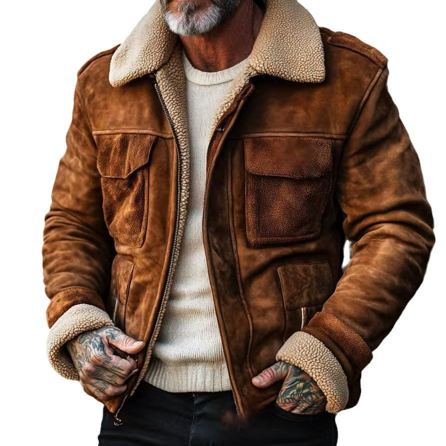 Herren Fliegerjacke aus Veloursleder mit Teddyfutter und aufgesetzten Pattentaschen Drune