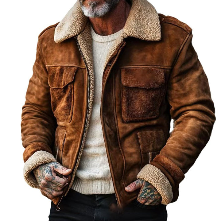 Herren Fliegerjacke aus Veloursleder mit Teddyfutter und aufgesetzten Pattentaschen Drune