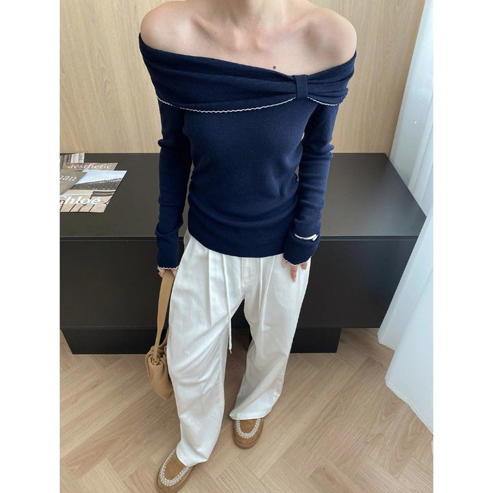 Damen eleganter off-shoulder Pullover mit Raffung und langen Ärmeln Drune