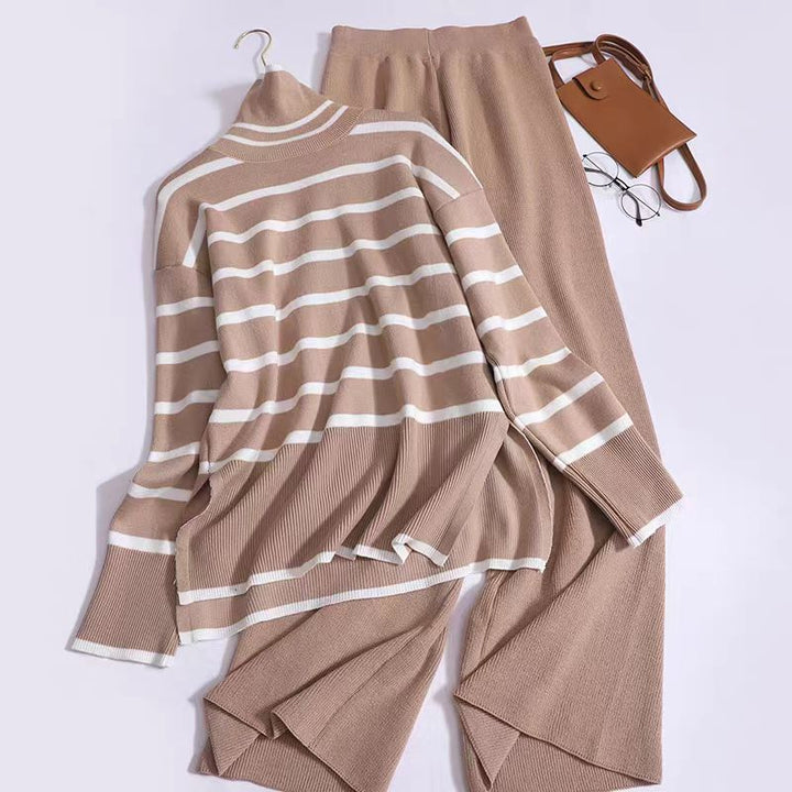 Damen modisches Strickensemble mit feinen Streifen Drune