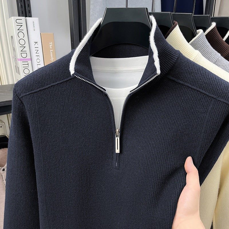 Herren Halbzip-Strickpullover mit Strukturstrick und kontrastiertem Stehkragen Drune