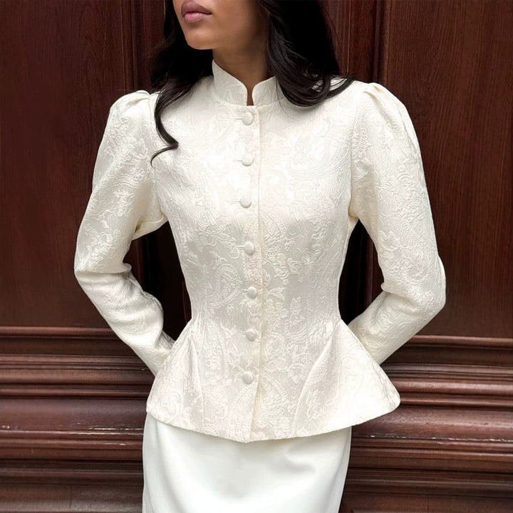Damen taillierte Jacquard‑Bluse mit Stehkragen und dekorativer Knopfleiste Drune